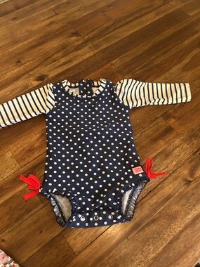 Navy Polka Dot Long-Sleeve Baby  Rashguard One-Piece Swim Suit 6-12 mos